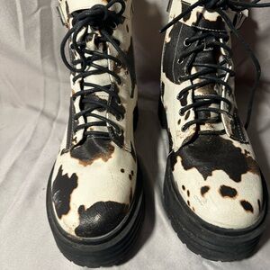 Pretty Little Thing Cow Print Combat Boots. Size 9